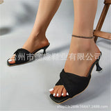 Breakj Fairy Wind Wrinkled Slippers Women 2025 New Summer Word With Fine Square Head Cold Slippers Large