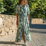 Women Print Long Dress 2021 Spring Long Sleeve Buttons Split Dress Casual Turn-down Neck Ladies Sashes Shirt
