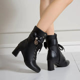 Women Sweet Bow Boots Mid Heels Lace Up Lolita Bow-Knot Side Zipper Ankle Booties Crystal Pendant Pink Black White Size