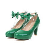 Fashion Women Ankle Strap Spike High Heels Bow Platform Round Toe Pumps Glossy Patent Leather Summer Autumn Sweet Lolita