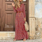 Autumn Fashion Women V Neck Print Long Dress Casual Irregular Long Sleeves Dress Elegant Bohemian Streetwear Party