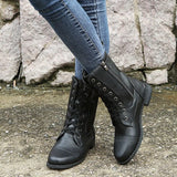 New Women Retro Boots Western Winter Fashion Shoes Punk Lace Up Buckle Motorcycle Zipper Mid Calf Boots Ladies Short