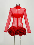 New Sexy Mesh Perspective High-Necked Long-Sleeved Dress Dress Body High-End Temperament Floral Dress Dress Dress