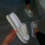 Trend Women Rhinestone Sandals Platform Wedge Mid Heel Thick Sole Outdoor Shiny Crystal Sexy Ladies Female 2021