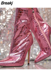 Style Sexy Women Boots 2023 New Trendy Thin Heels Metal Shiny Female Boots Pointed Toe Zipper Club Queen Mid Calf