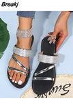 2023 New Women Gold Silver Flats Slip-On Sandals Bling Rhinestone Narrow Band Slippers Outdoor Beach Shoes Casual