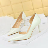 Breakj Korean Version Of Fashion Simple Thin Heel High Heel Bright Face Patent Leather Shallow Mouth Pointed Head Side Hollow High Heels Women's Singles