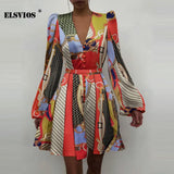 New Women Sexy V Neck Letters Print Fashion Short Dresses Casual Satin Slim Lantern Sleeves Zipper Elegant Party