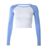 Casual Patchwork Long Sleeve Crop Top T Shirt Fashion Basic Cotton Tshirt Women Fashion Slim Korean Tee Shirt