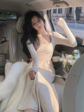 Colo Elegant Midi Dress Slim Casual 2023 Autumn Korea Fashion Evening Party Dress Woman Long Sleeve Sexy Bodycon