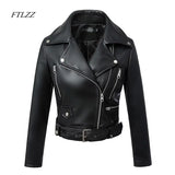 New Women Autumn Winter Black Faux Leather Jackets Zipper Basic Coat Turn-down Collar Motor Biker Jacket With