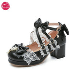 6 Candy Color Princess JK Uniform Cosplay Lolita Shoes String Bead Ruffles Bow Cross Tied Chuncky Heels Pumps Women Purple