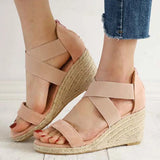 Sandals Women Wedges Elastic Band Peep Toe Woman Shoes Cross Light Platform Hemp Bottom Ladies Female Sandals