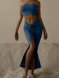 Two Piece Sets Women Ankle-Length Skirts Women Tube Crop Top Sexy Party Outfit Beachwear Split Drawstring Folds