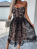 Sexy Lace Sheer Off Shoulder Slim Fit Dress Women Fashion Solid Flower Print High Waist Dress Elegant Wrap Bust Party Chic