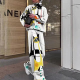 Ladies Long Sleeve Vintage Printed Outfits Fall Winter Women Two Piece Sets Elegant Turtleneck Pullover Top+Wide Leg Pants