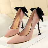 Breakj Korean Version Of Sweet High Heels Women's Shoes With High Heel Suede Shallow Pointed Head Of Color Bow Single