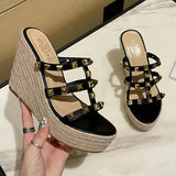 Sandals Woman Leather Suit Female Beige High Heels Shoes Muffins shoe Clogs Wedge Open Toe Low-heeled Studded Black
