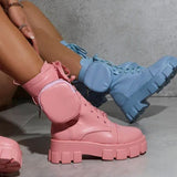 Pocket Boot Lace Up Ladies Ankle Boots Female Buckle Strap blue Chunky Sole Pouch Ankle Boots Woman Platform Shoe
