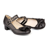 Japanese Sweet Lolita Pumps Maid Cosplay Princess Mary Jane Shoes Cute Bow Strap Buckle Plus Size 34-50 Black Pink