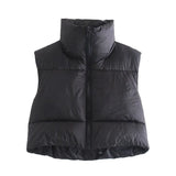 Women Fashion Brown Cropped Vest Coat Female Stand Collar Zipper Waistcoat Ladies Casual
