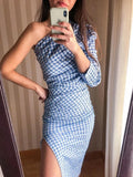 Chic Blue Plaid Ruched Asymmetrical Blouse Women 2021 za Fashion Sexy One Shoulder Shirts Female Casual