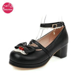 Japanese Girls Lolita Shoes Women Sweet Cherry Bow-knot JK Style Kawaii Princess Cosplay Party Wear Pumps Round Head PU