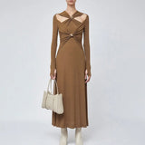 2025 New Solid Color Strapped Long Dress Fashion High-End Feel Long Sleeve Dress Women's