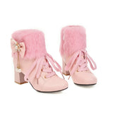 Women's Ankle Boots Thick High Heel Ladies Leather Lace Up Martin Boots Warm Fur Student Shoes Bottes Botines Plus Size