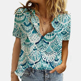 Women Elegant Office Simple Turn-down Collar Cartoon Print Casual Shirt Fashion Summer Short Sleeves Button Cardigan