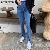 Streetwear High Waist Denim Blue Women Jeans Summer Front Split Denim Pants Capris Femme Casual Long Female Jeans