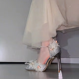 Breakj Small Fragrant Wind Tip High Heels Women 2025 Spring And Summer Lace Flowers Fine Heel Wedding Shoes Pearl Chain Single