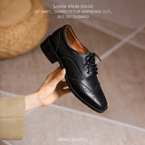 Retro Flat Shoes Woman Cow Leather Female Flats Lace-Up Brogue Shoes For Women With Low Heel British Style