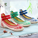 Breakj And White Porcelain Embroidered Cloth Shoes, Spring And Autumn Women's Single Shoes, Casual Double Plate Buckle Retro Shallow