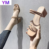 Women Sandals Chunky Heels Brand Slides 2021 Summer Flip Flops Narrow Band Sandal Elegant Mule Shoes Women Slipper Big Size