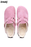 2023 New Winter Unisex Cork Slippers Casual Women Plush Inside Men Buckle Nubuck Leather Closed Toe Slide Slip on