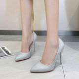 Heel Women's Shoes Fine Heel Korean Version of The New Pointed Silver Sequin Party Shoes Ladies High Heel Work Shoes