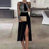 Fashion Sequins Halter Long Dress Sexy Shoulderless High Split Women Party Dress Elegant Solid Ladies Long Sleeve Bodycon