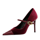 Breakj Banquet High Heels Fine Heel Shallow Pointed Top Xishi Suede Stitching Pointed Metal Buckle One Word Strip Single