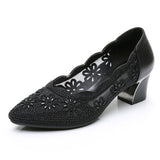 2021 Summer Fashion Hollow Out Genuine Leather Pumps Women Shoes Med Heels Square Heel Mesh Ladies Office Shoes