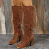 Women Suede Knee High Boots Ladies Solid Pointed Toe High Heel Boots Female Autumn Winter Side Zipper Long Boots Bota