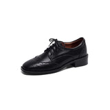Retro Flat Shoes Woman Cow Leather Female Flats Lace-Up Brogue Shoes For Women With Low Heel British Style