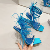 2024 New Catwalk Style Square-Headed Women's Shoes Diamond Feather With