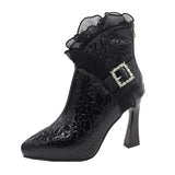 Women's Modern Boots Fashion High Heels Lace Design Buckle Decorate Ladies Ankle Boots Black Stone Grain Women's