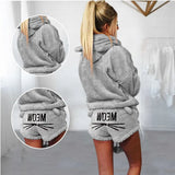 Fuzzy Hooded Sweatshirt with Ears Suit Women Letter Printed Coral Velvet Pajama Two Piece Set Cat Print Home
