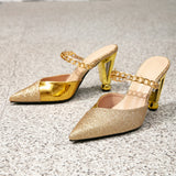 Breakj Women's Shoes Gold High-Heeled Sandals Party Shoes Shaped And Chain Decorated Pointed Simple High