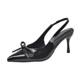 Breakj 2025 New Women's Shoes Red Bow Decorated High-Heeled Muller Shoes After The Tip Of The Stumbling Striped Sandals Women's