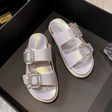 Rhinestone Belt Buckle Slippers Women Thicken Sole Shoes Ladies Casual Slides Outdoor Flipflops Silver Beach Sandals