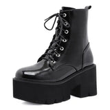 Platform Ankle Boots Ladies Patent Leather Chunky Pump Female High Heels Women's Lace Up Woman Gothic Punk Shoes Plus