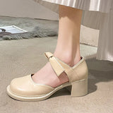2022 Spring Women's Ankle Strap Pumps Fashion Thick Heels Mary Jane Shoes Woman Black Beige Pu Leather Shoes